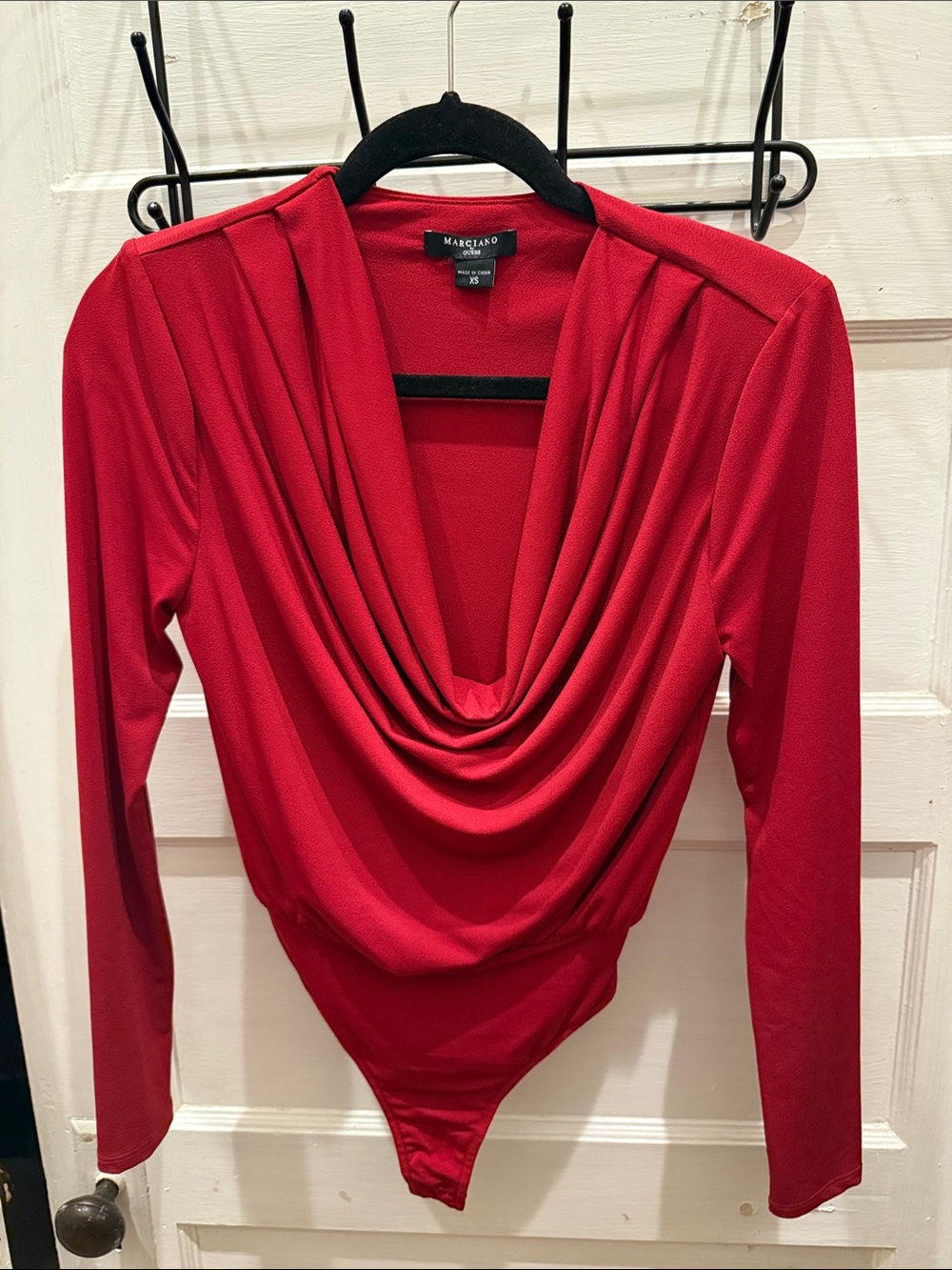 Marciano Red Draped Cowl Neck Long Sleeve Bodysuit
